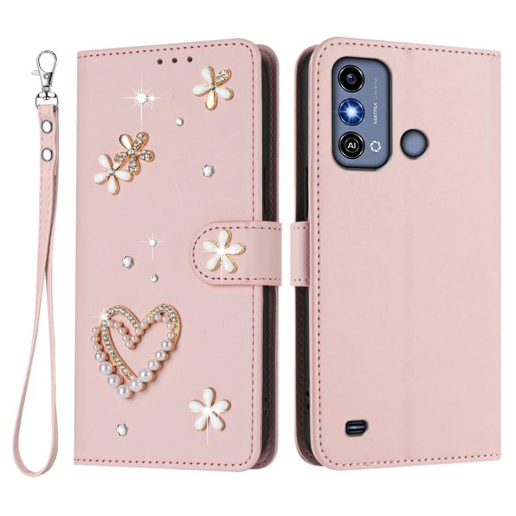 For ZTE Blade A53 / A53+ ZS01 Double-Layer Heart Floral Vegan Leather Phone Case with Wrist Strap