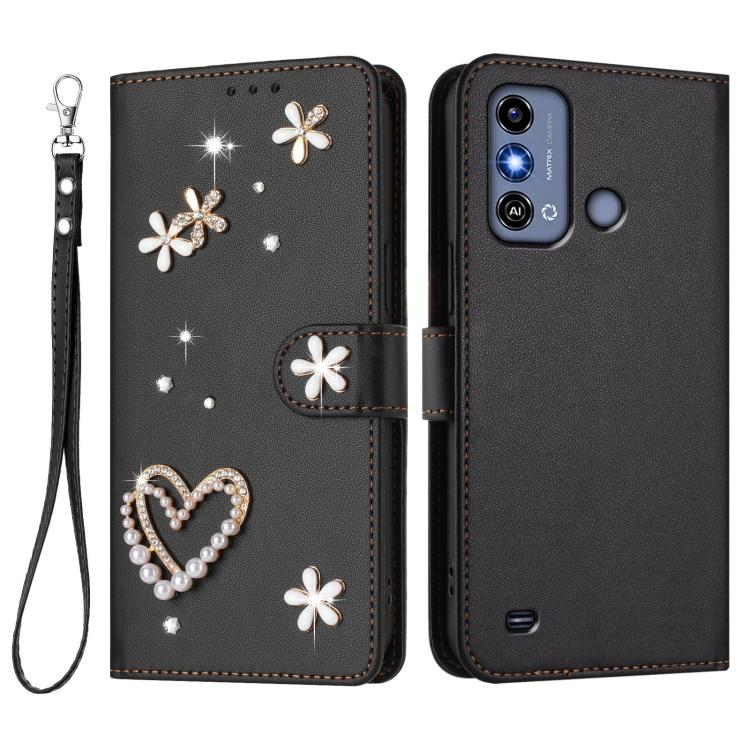 For ZTE Blade A53 / A53+ ZS01 Double-Layer Heart Floral Vegan Leather Phone Case with Wrist Strap