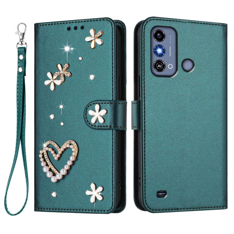 For ZTE Blade A53 / A53+ ZS01 Double-Layer Heart Floral Vegan Leather Phone Case with Wrist Strap