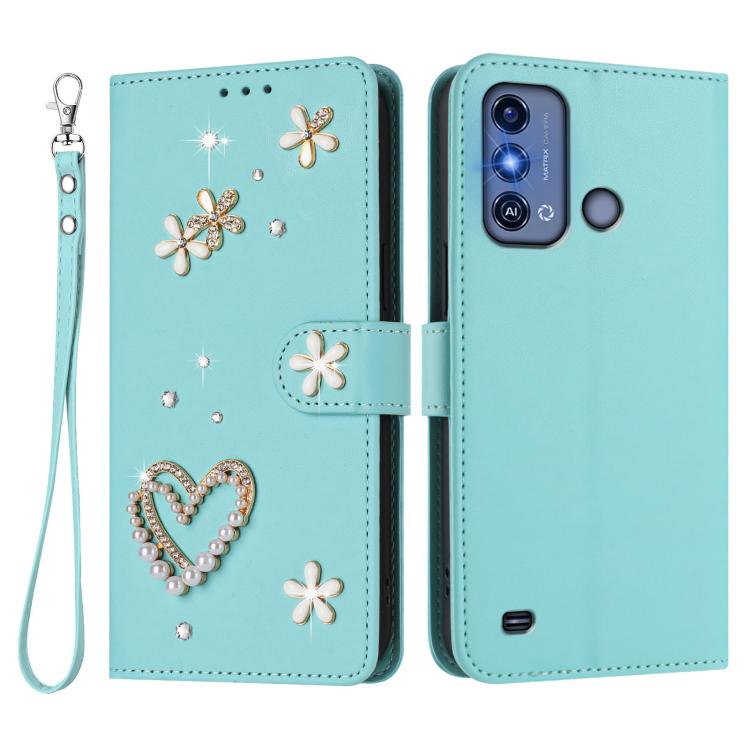 For ZTE Blade A53 Pro ZS01 Double-Layer Heart Floral Vegan Leather Phone Case with Wrist Strap