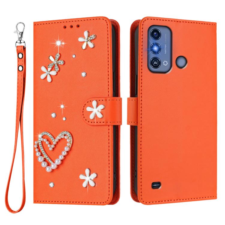 For ZTE Blade A53 Pro ZS01 Double-Layer Heart Floral Vegan Leather Phone Case with Wrist Strap