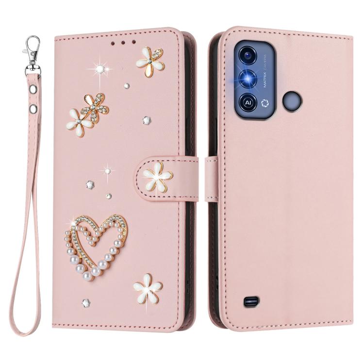 For ZTE Blade A53 Pro ZS01 Double-Layer Heart Floral Vegan Leather Phone Case with Wrist Strap