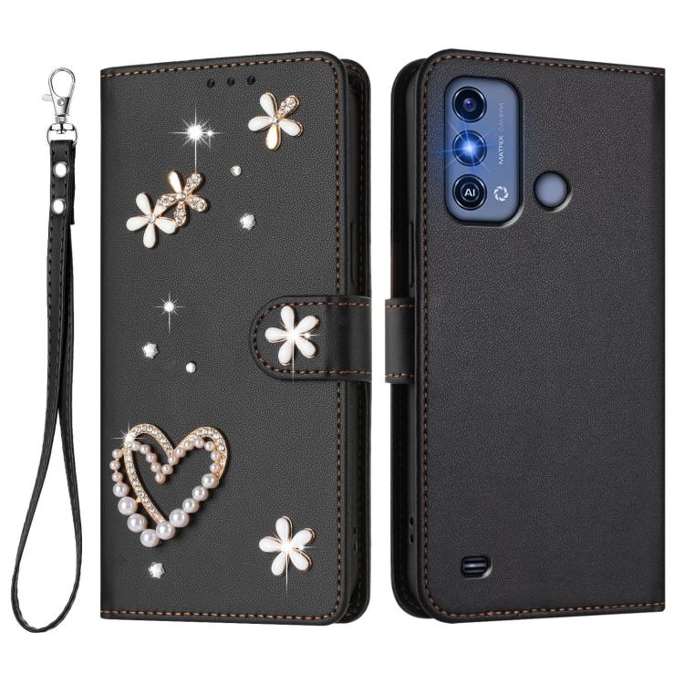 For ZTE Blade A53 Pro ZS01 Double-Layer Heart Floral Vegan Leather Phone Case with Wrist Strap