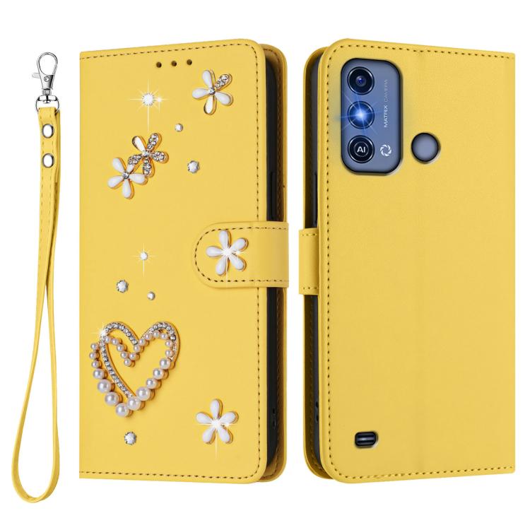 For ZTE Blade A53 Pro ZS01 Double-Layer Heart Floral Vegan Leather Phone Case with Wrist Strap