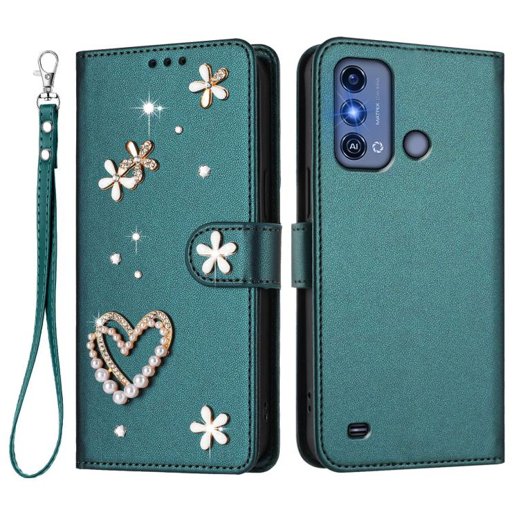 For ZTE Blade A53 Pro ZS01 Double-Layer Heart Floral Vegan Leather Phone Case with Wrist Strap