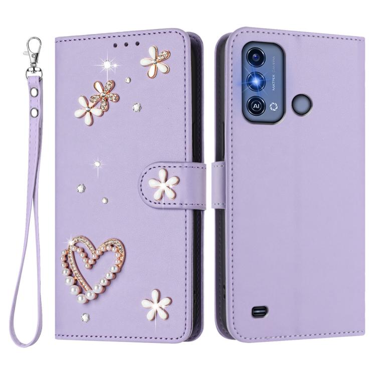 For ZTE Blade A53 Pro ZS01 Double-Layer Heart Floral Vegan Leather Phone Case with Wrist Strap
