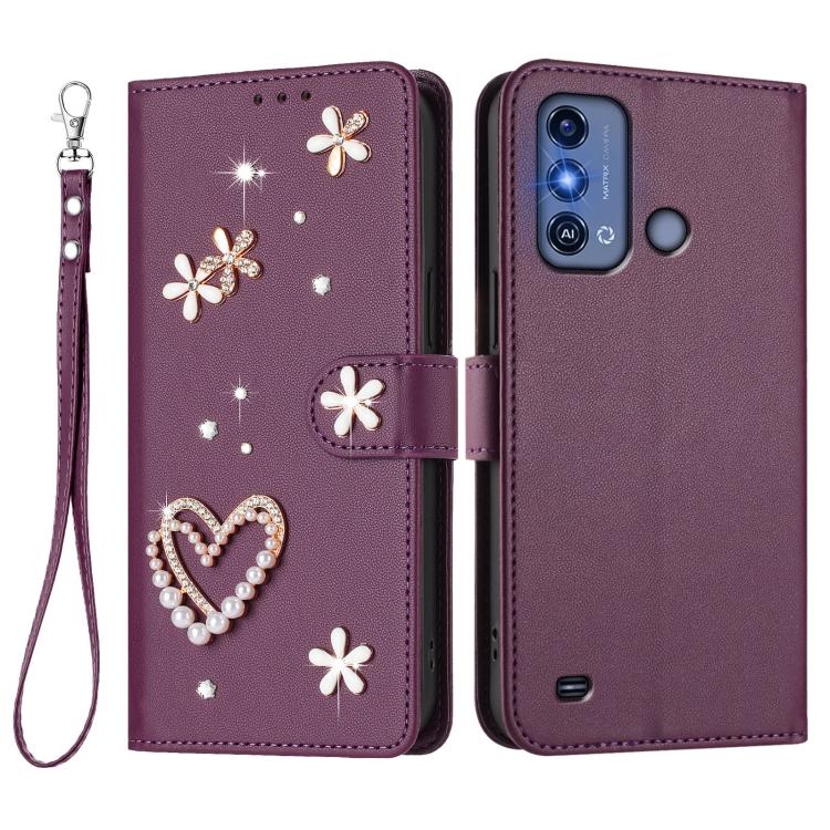 For ZTE Blade A53 Pro ZS01 Double-Layer Heart Floral Vegan Leather Phone Case with Wrist Strap