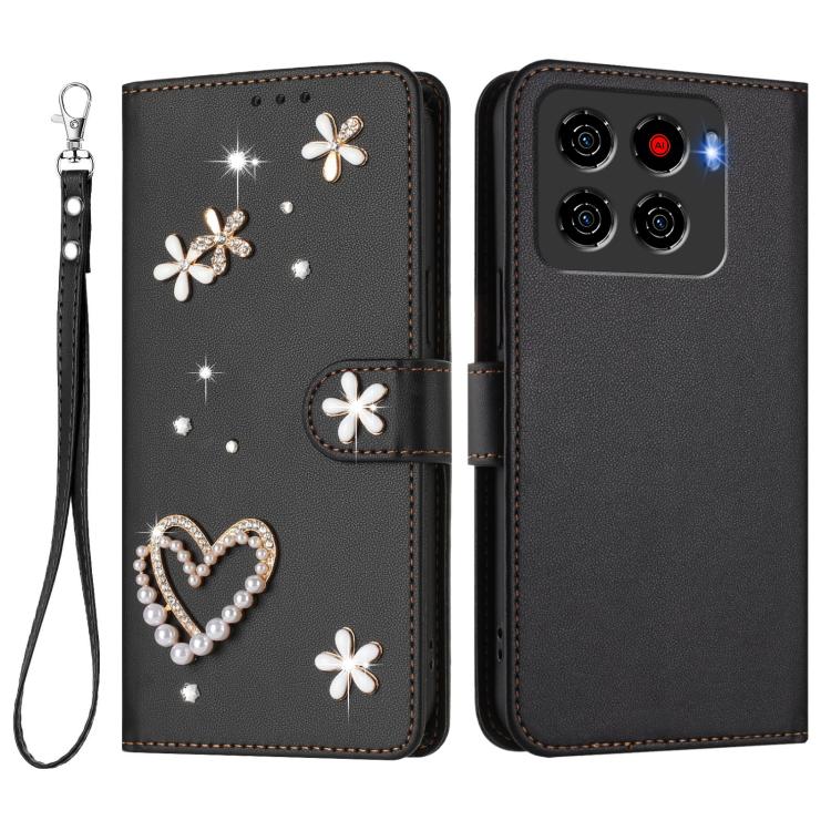 For ZTE Blade A56 4G ZS01 Double-Layer Heart Floral Vegan Leather Phone Case with Wrist Strap