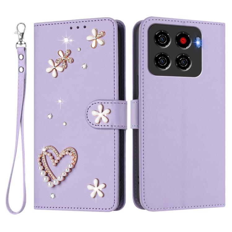 For ZTE Blade A56 4G ZS01 Double-Layer Heart Floral Vegan Leather Phone Case with Wrist Strap