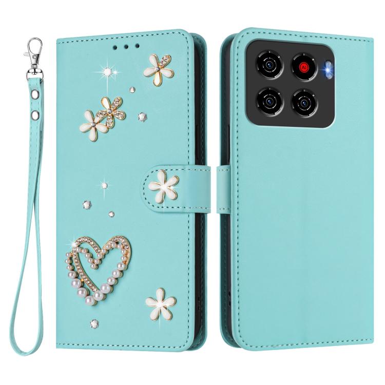 For ZTE Blade A56 Pro ZS01 Double-Layer Heart Floral Vegan Leather Phone Case with Wrist Strap