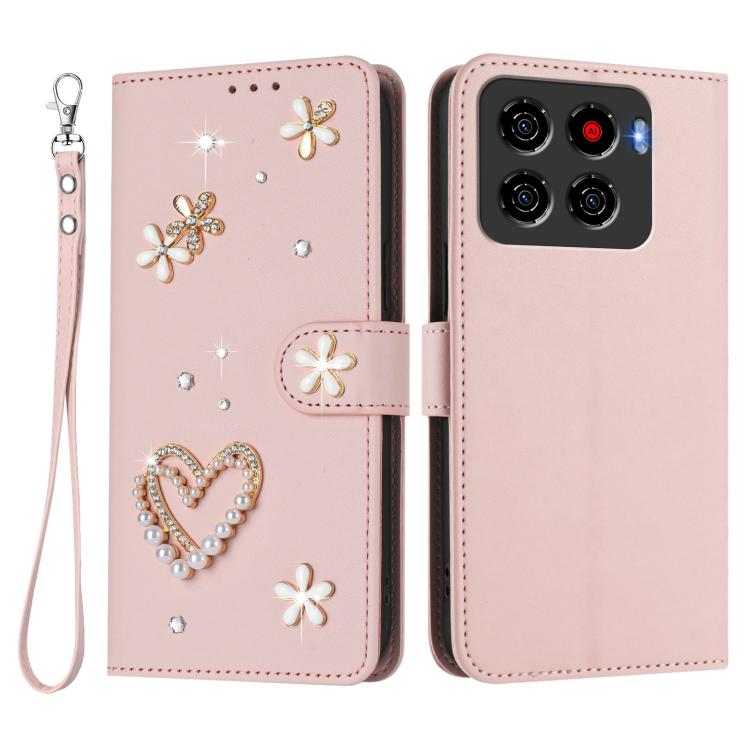 For ZTE Blade A56 Pro ZS01 Double-Layer Heart Floral Vegan Leather Phone Case with Wrist Strap