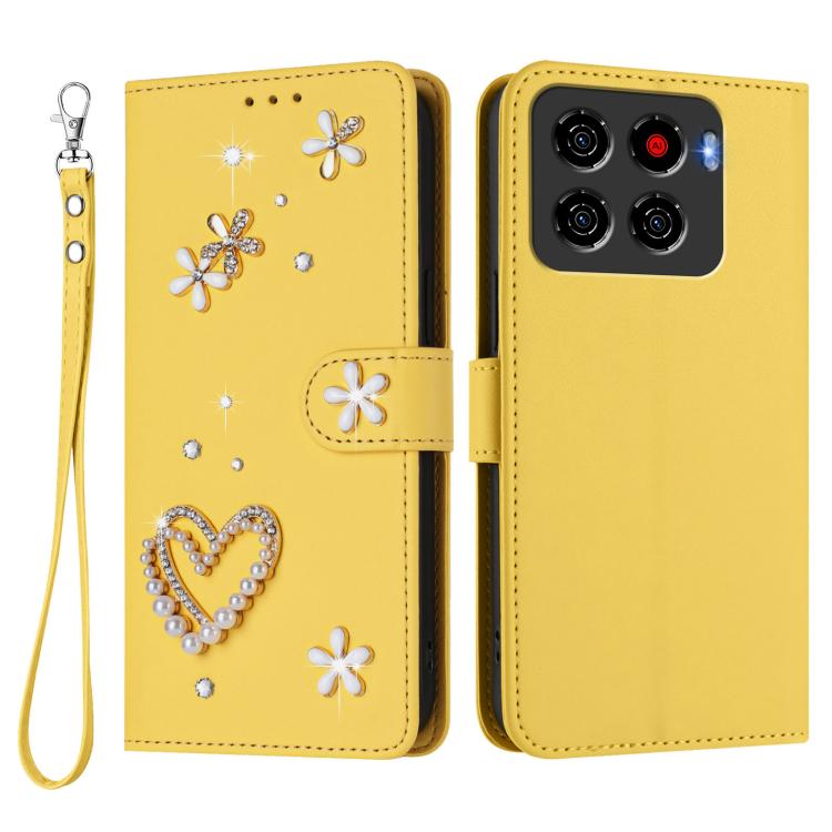 For ZTE Blade A56 Pro ZS01 Double-Layer Heart Floral Vegan Leather Phone Case with Wrist Strap