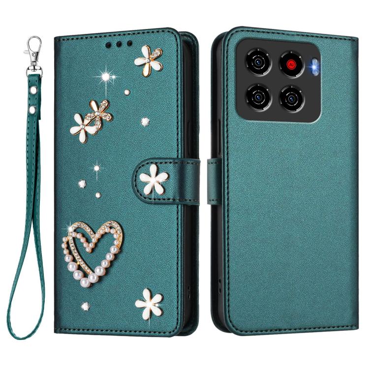 For ZTE Blade A56 Pro ZS01 Double-Layer Heart Floral Vegan Leather Phone Case with Wrist Strap