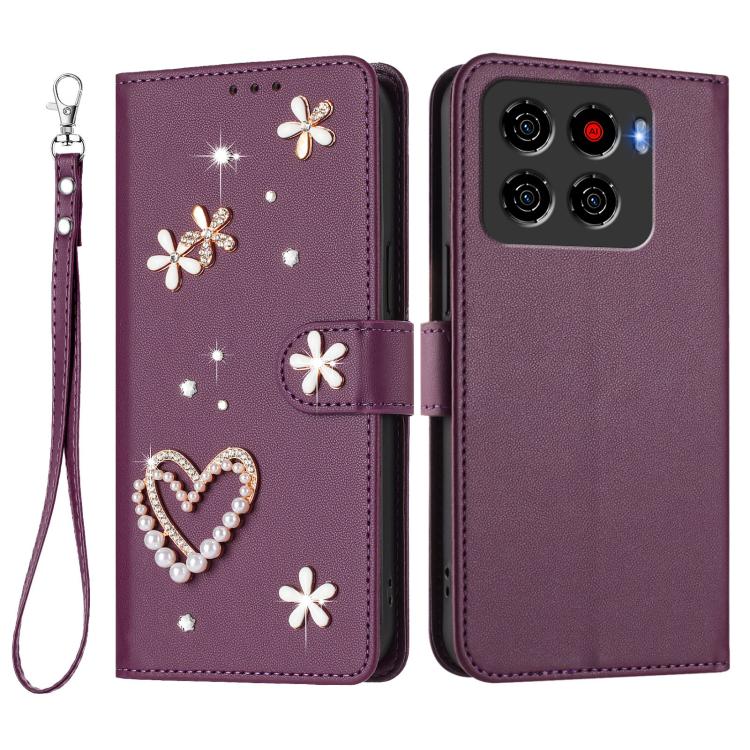 For ZTE Blade A56 Pro ZS01 Double-Layer Heart Floral Vegan Leather Phone Case with Wrist Strap