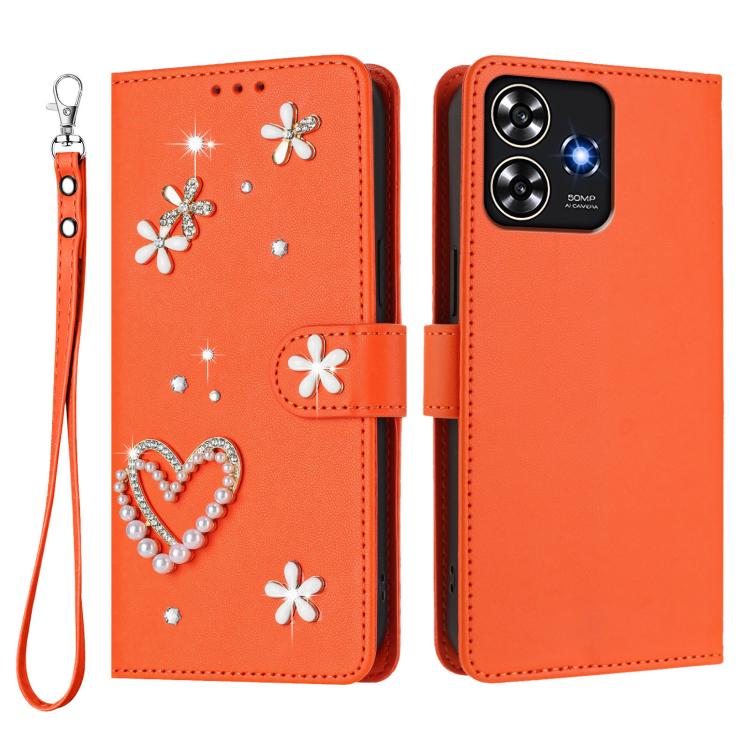 For ZTE Blade A73 4G ZS01 Double-Layer Heart Floral Vegan Leather Phone Case with Wrist Strap