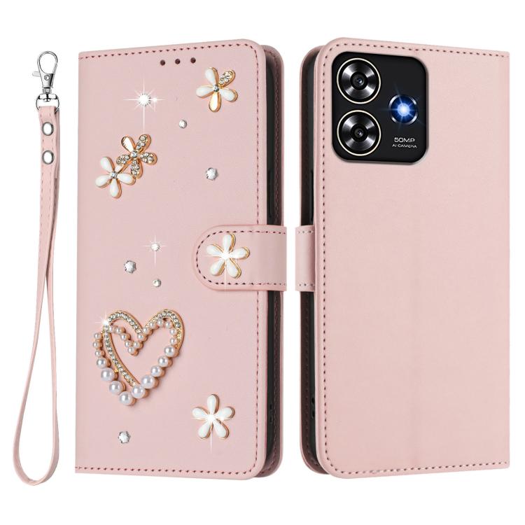 For ZTE Blade A73 4G ZS01 Double-Layer Heart Floral Vegan Leather Phone Case with Wrist Strap