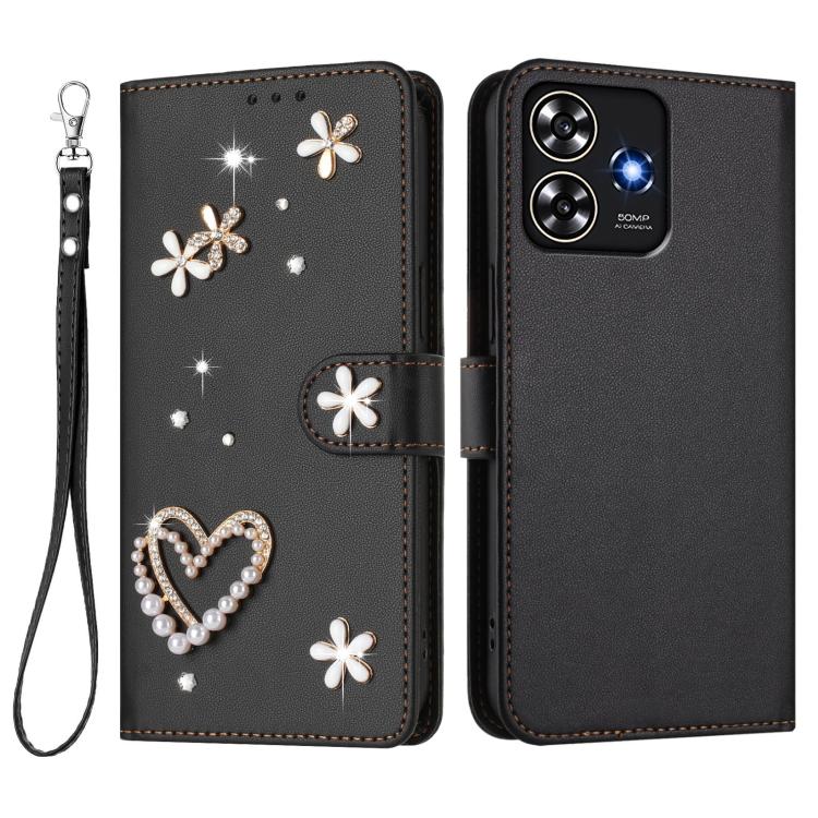 For ZTE Blade A73 4G ZS01 Double-Layer Heart Floral Vegan Leather Phone Case with Wrist Strap