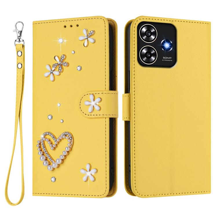 For ZTE Blade A73 4G ZS01 Double-Layer Heart Floral Vegan Leather Phone Case with Wrist Strap