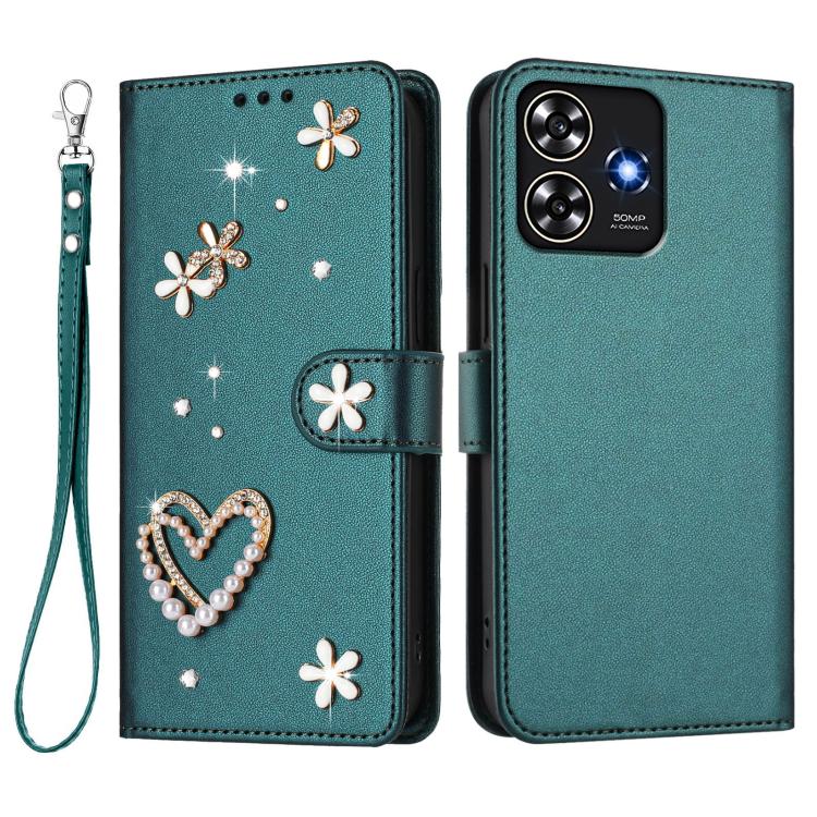 For ZTE Blade A73 4G ZS01 Double-Layer Heart Floral Vegan Leather Phone Case with Wrist Strap