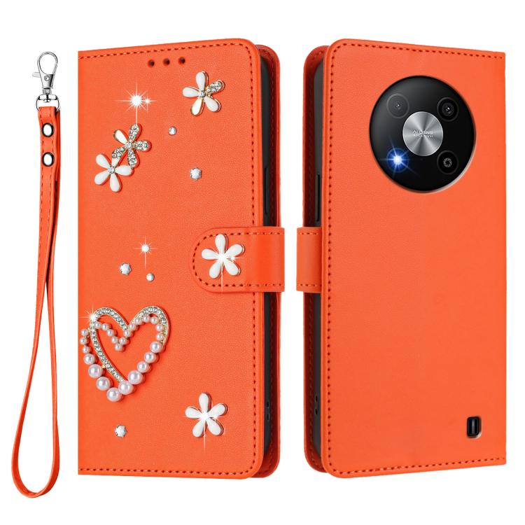 For ZTE Blade A73 5G ZS01 Double-Layer Heart Floral Vegan Leather Phone Case with Wrist Strap