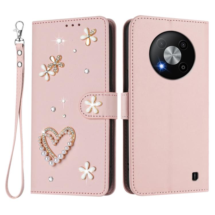 For ZTE Blade A73 5G ZS01 Double-Layer Heart Floral Vegan Leather Phone Case with Wrist Strap