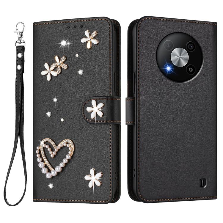 For ZTE Blade A73 5G ZS01 Double-Layer Heart Floral Vegan Leather Phone Case with Wrist Strap