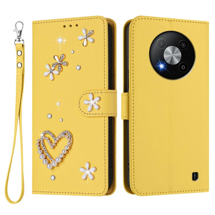 For ZTE Blade A73 5G ZS01 Double-Layer Heart Floral Vegan Leather Phone Case with Wrist Strap