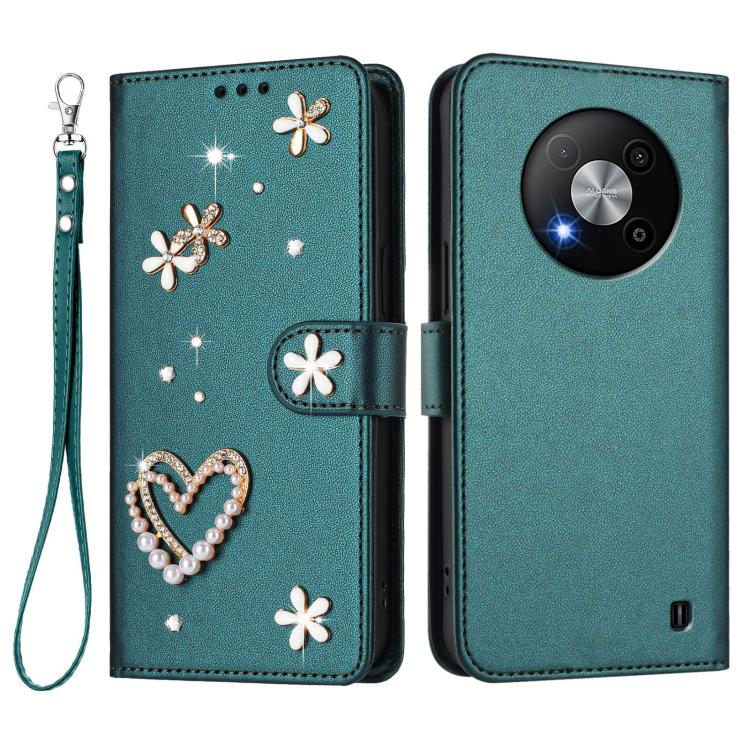 For ZTE Blade A73 5G ZS01 Double-Layer Heart Floral Vegan Leather Phone Case with Wrist Strap