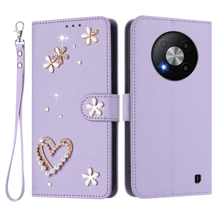 For ZTE Blade A73 5G ZS01 Double-Layer Heart Floral Vegan Leather Phone Case with Wrist Strap