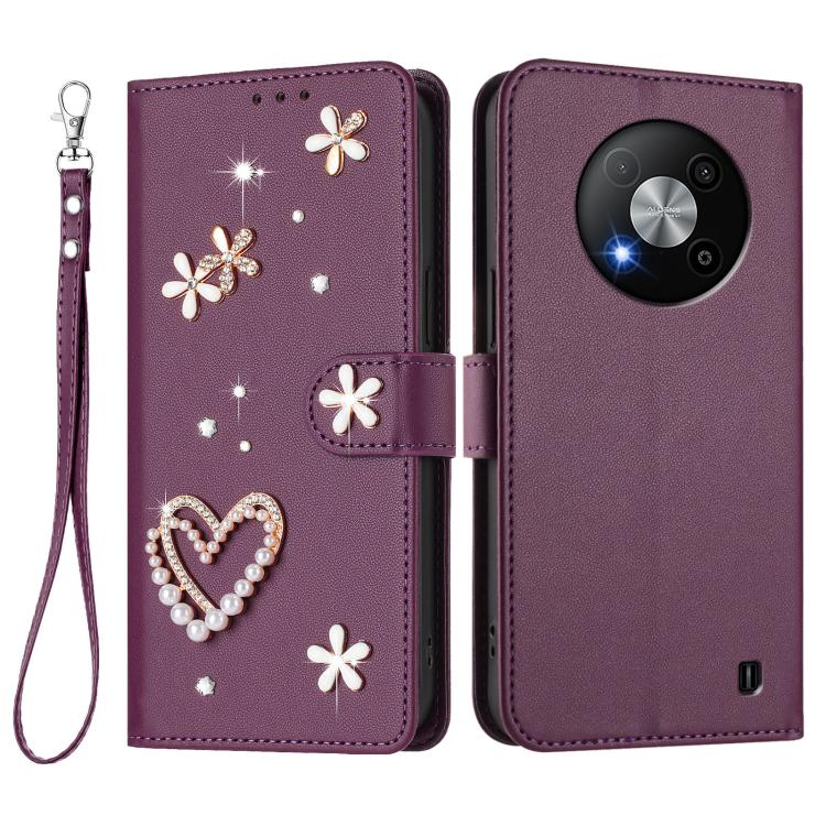 For ZTE Blade A73 5G ZS01 Double-Layer Heart Floral Vegan Leather Phone Case with Wrist Strap