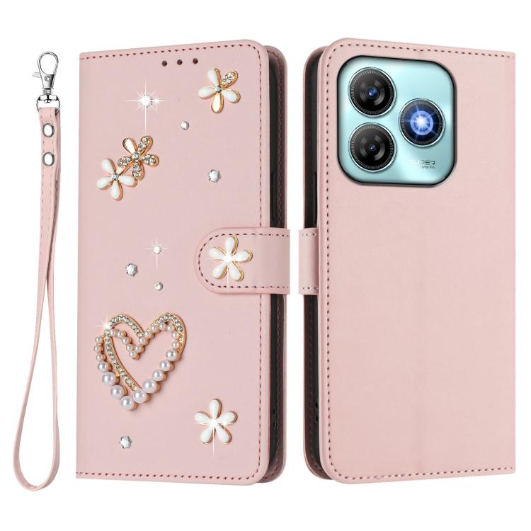 For ZTE Blade A75 ZS01 Double-Layer Heart Floral Vegan Leather Phone Case with Wrist Strap