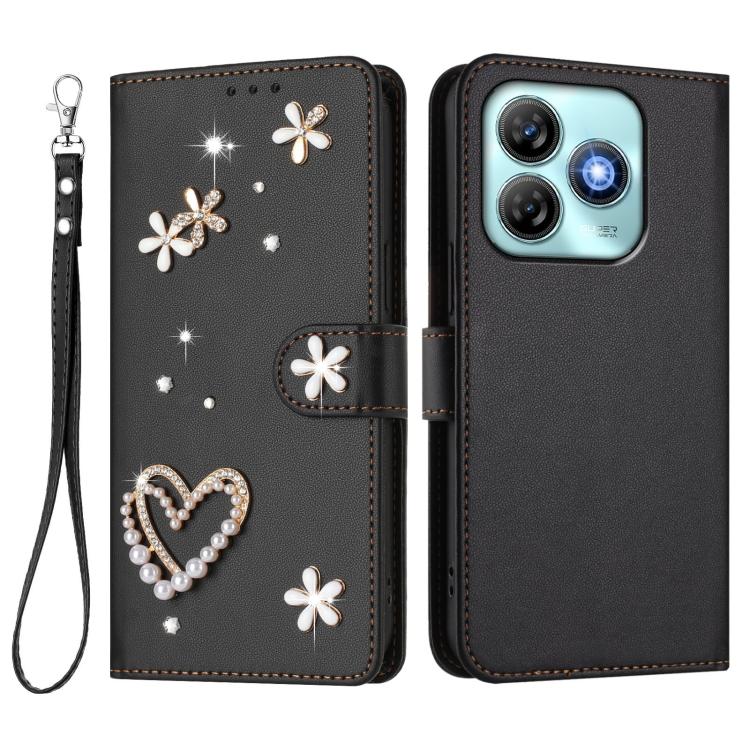 For ZTE Blade A75 ZS01 Double-Layer Heart Floral Vegan Leather Phone Case with Wrist Strap