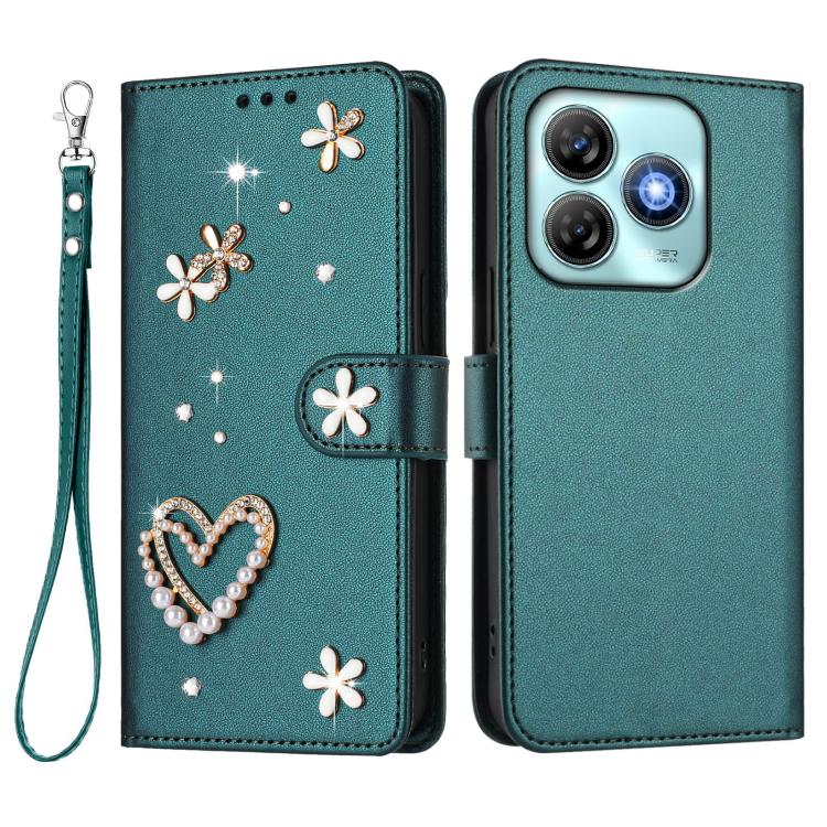 For ZTE Blade A75 ZS01 Double-Layer Heart Floral Vegan Leather Phone Case with Wrist Strap