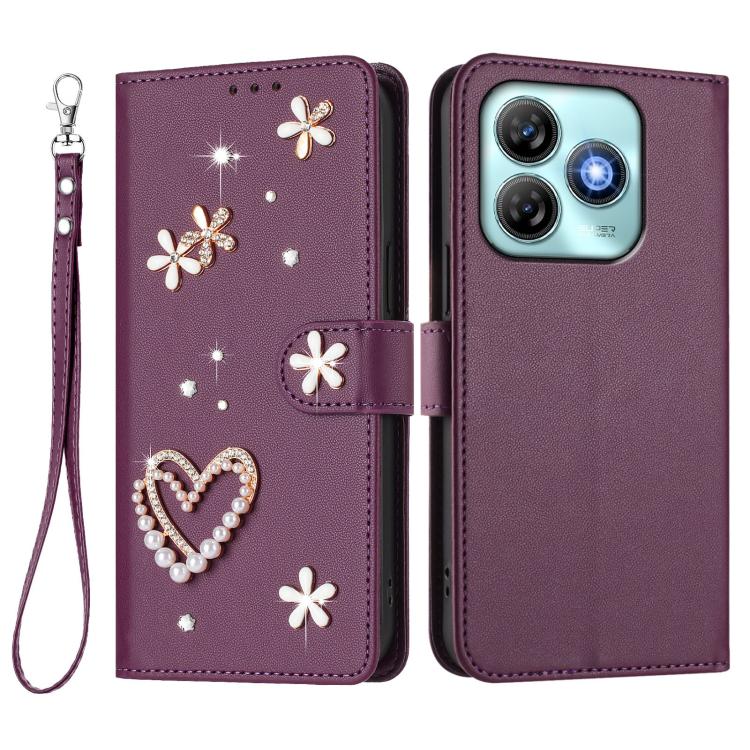 For ZTE Blade A75 ZS01 Double-Layer Heart Floral Vegan Leather Phone Case with Wrist Strap