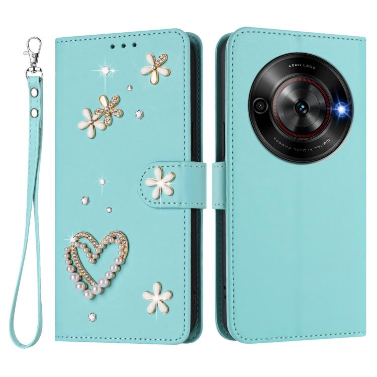 For ZTE Blade A75 5G/nubia Focus ZS01 Double-Layer Heart Floral Vegan Leather Phone Case with Wrist Strap