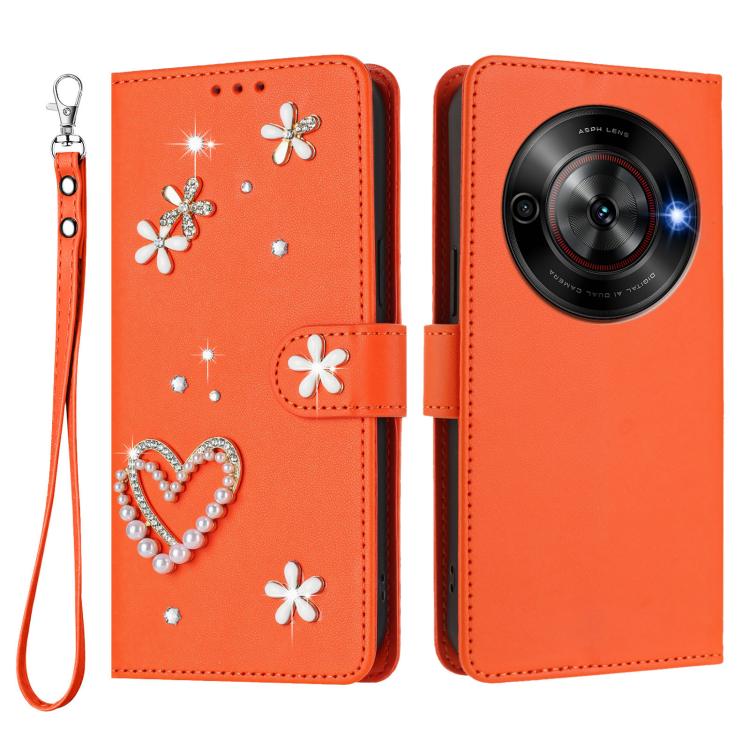 For ZTE Blade A75 5G/nubia Focus ZS01 Double-Layer Heart Floral Vegan Leather Phone Case with Wrist Strap