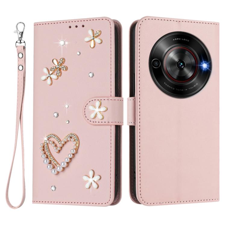 For ZTE Blade A75 5G/nubia Focus ZS01 Double-Layer Heart Floral Vegan Leather Phone Case with Wrist Strap