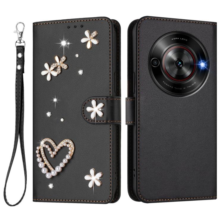 For ZTE Blade A75 5G/nubia Focus ZS01 Double-Layer Heart Floral Vegan Leather Phone Case with Wrist Strap
