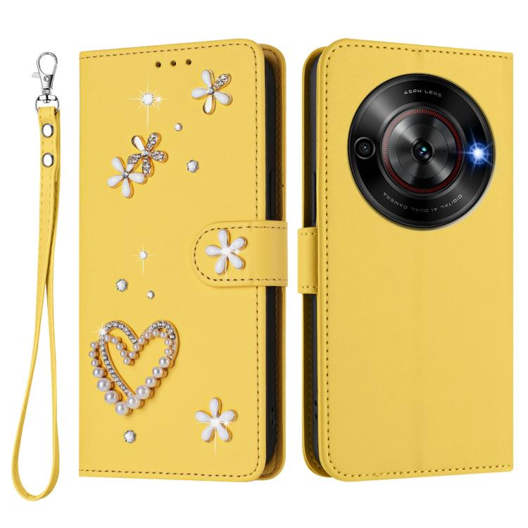 For ZTE Blade A75 5G/nubia Focus ZS01 Double-Layer Heart Floral Vegan Leather Phone Case with Wrist Strap