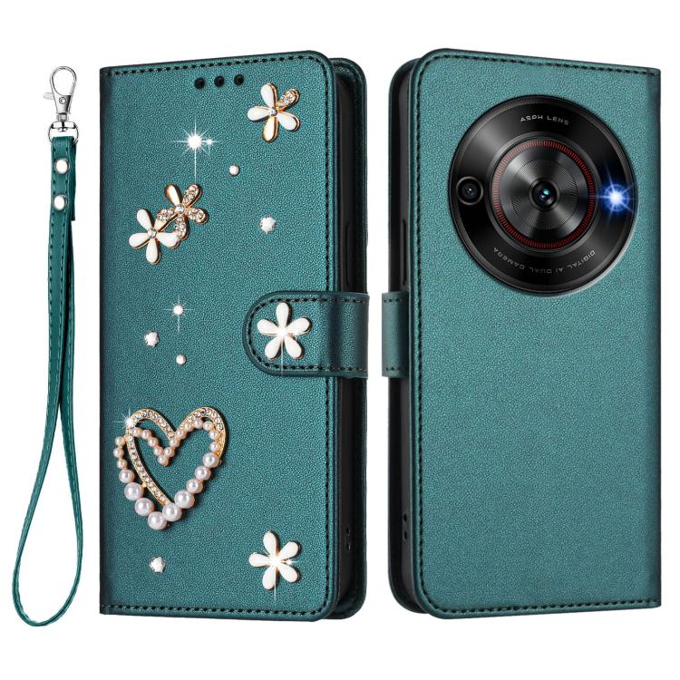 For ZTE Blade A75 5G/nubia Focus ZS01 Double-Layer Heart Floral Vegan Leather Phone Case with Wrist Strap