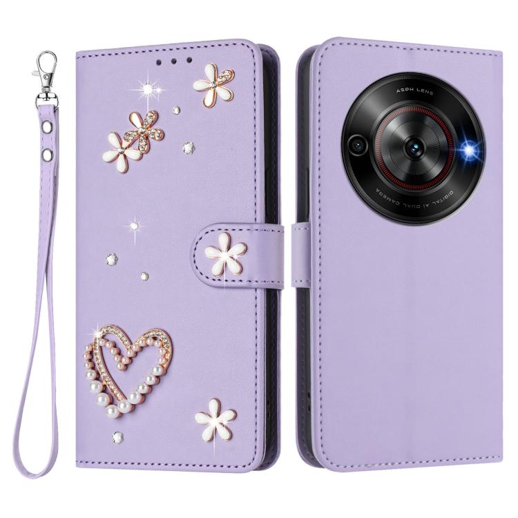 For ZTE Blade A75 5G/nubia Focus ZS01 Double-Layer Heart Floral Vegan Leather Phone Case with Wrist Strap