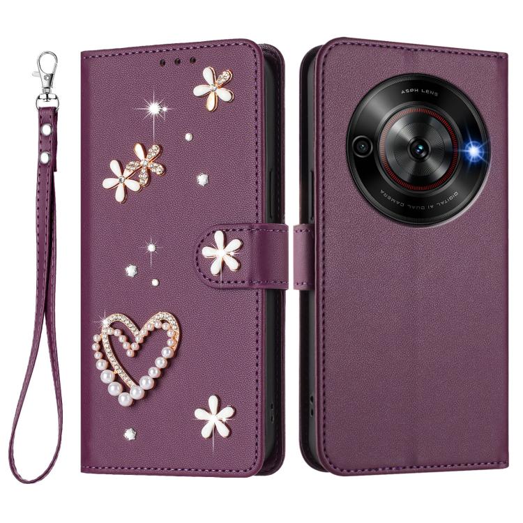 For ZTE Blade A75 5G/nubia Focus ZS01 Double-Layer Heart Floral Vegan Leather Phone Case with Wrist Strap