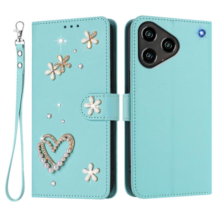 For ZTE Blade A76 4G ZS01 Double-Layer Heart Floral Vegan Leather Phone Case with Wrist Strap