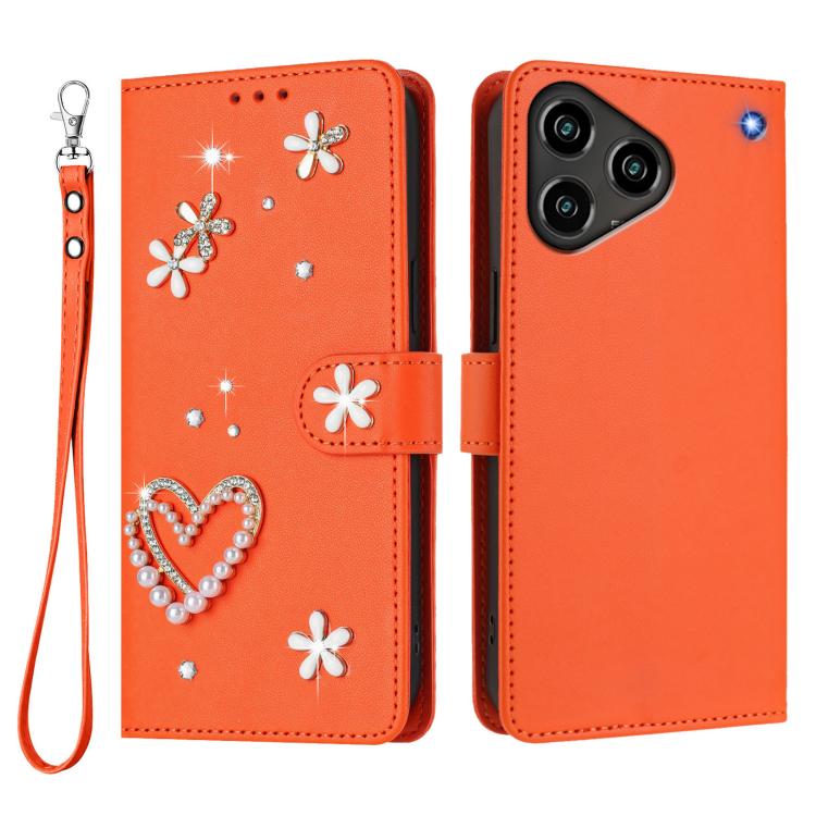 For ZTE Blade A76 4G ZS01 Double-Layer Heart Floral Vegan Leather Phone Case with Wrist Strap