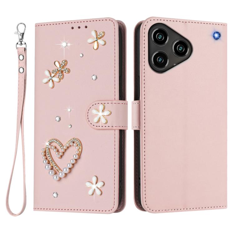 For ZTE Blade A76 4G ZS01 Double-Layer Heart Floral Vegan Leather Phone Case with Wrist Strap
