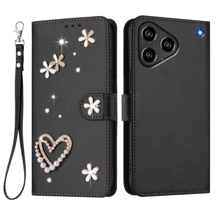 For ZTE Blade A76 4G ZS01 Double-Layer Heart Floral Vegan Leather Phone Case with Wrist Strap