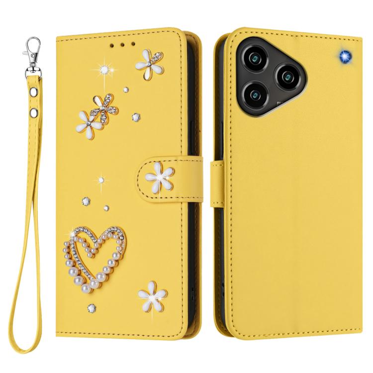 For ZTE Blade A76 4G ZS01 Double-Layer Heart Floral Vegan Leather Phone Case with Wrist Strap