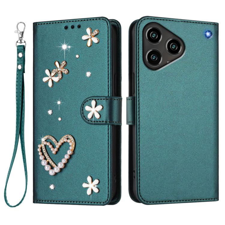 For ZTE Blade A76 4G ZS01 Double-Layer Heart Floral Vegan Leather Phone Case with Wrist Strap