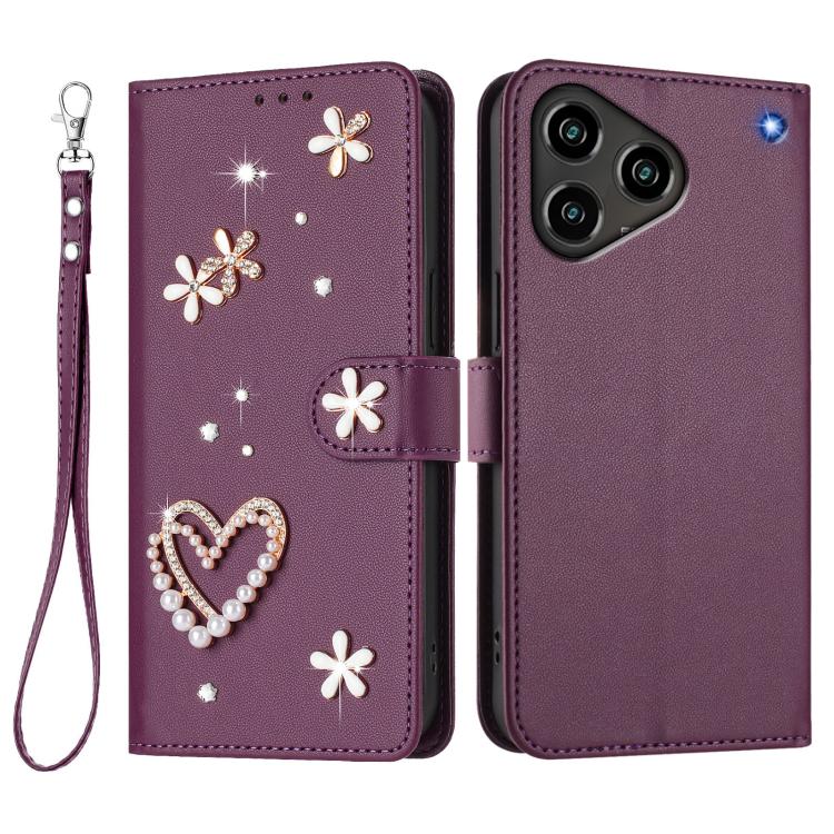 For ZTE Blade A76 4G ZS01 Double-Layer Heart Floral Vegan Leather Phone Case with Wrist Strap