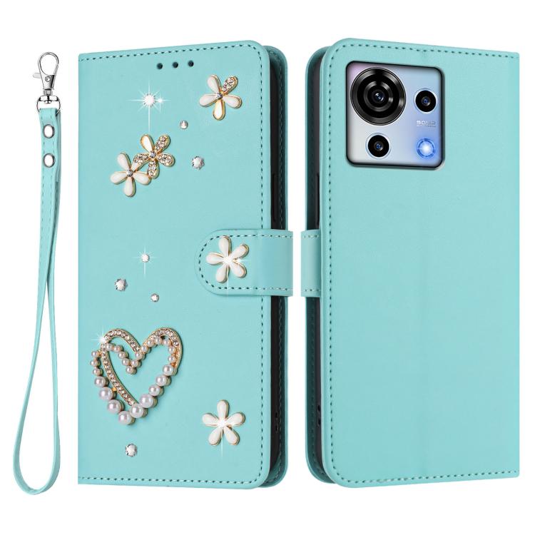 For ZTE Blade V50 Vita ZS01 Double-Layer Heart Floral Vegan Leather Phone Case with Wrist Strap